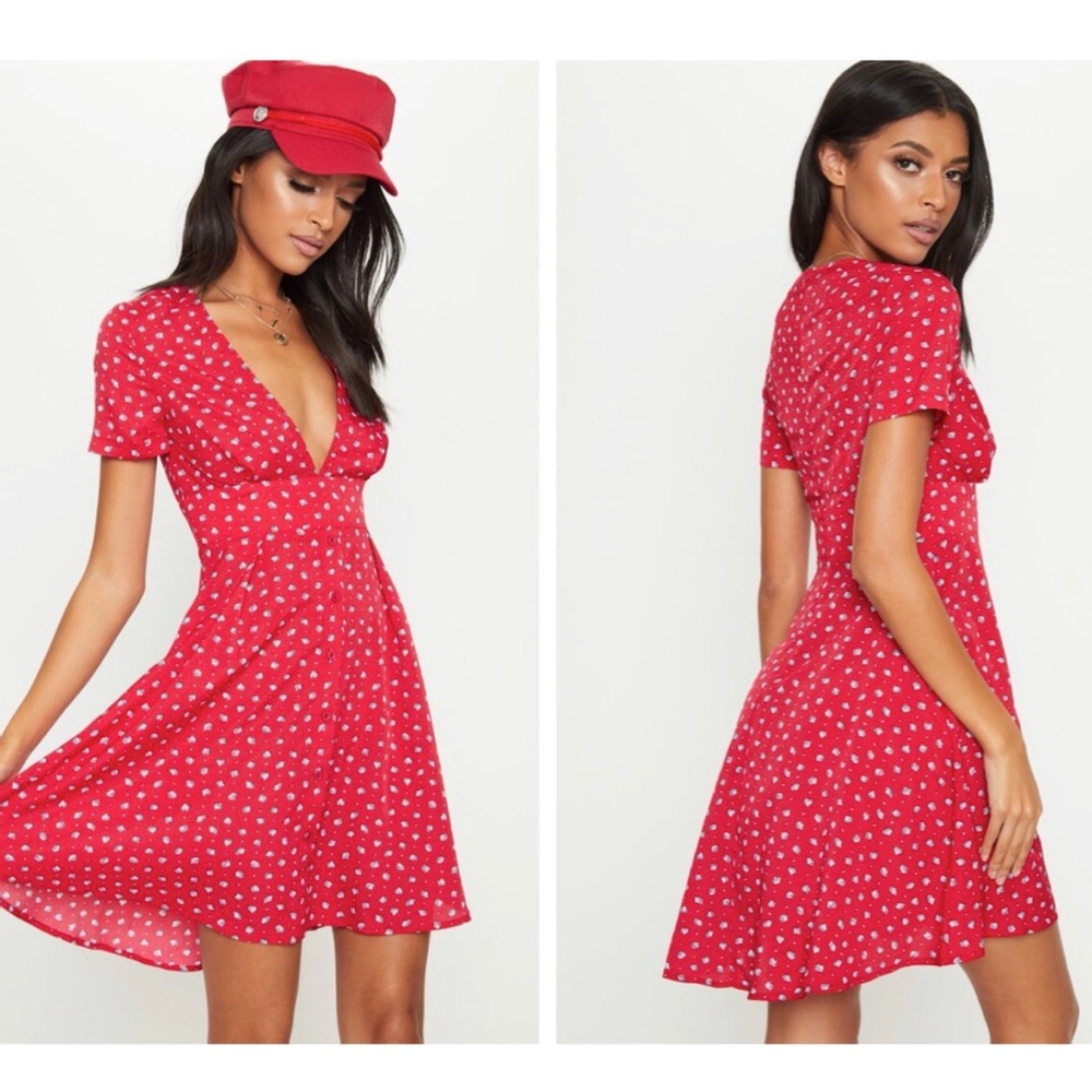 Red Shell Print Button Detail Tea Dress